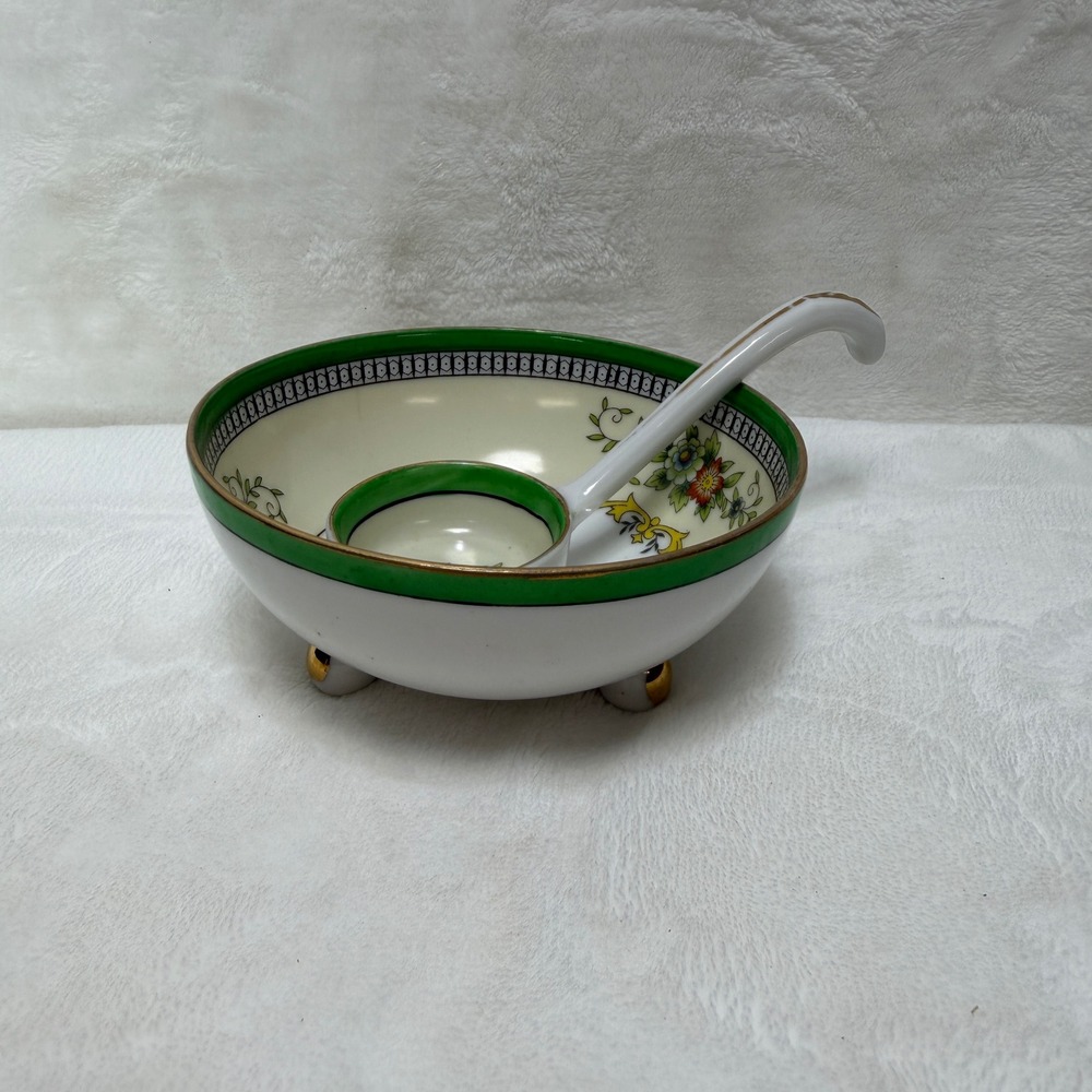 Noritake Roseara Footed Mayonnaise Bowl and Ladle Set‎ Vintage Japan Green Gold